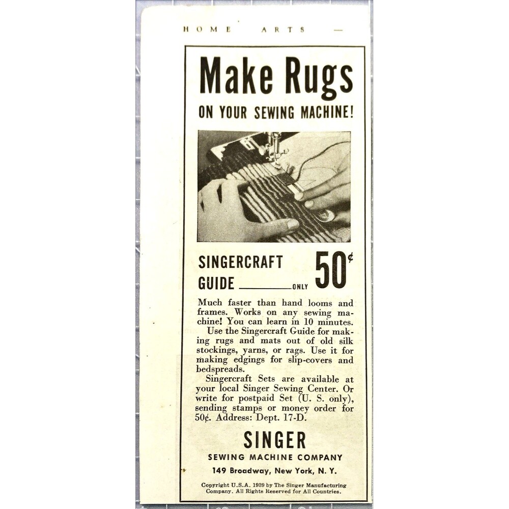 Singer Sewing Machine Co. "Make Rugs on your Sewing Machine!" Vtg Print Ad 1939
